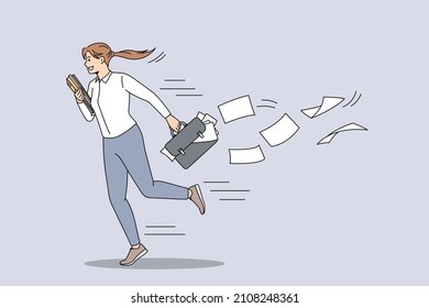 Business inattention and carelessness concept. Young smiling businesswoman worker running hurrying with case and losing papers on wind vector illustration 