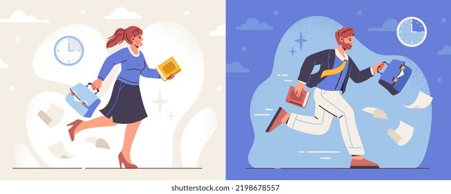 Business inattention. Set of man and woman rushing to work, running to office and losing documents on way. Careless entrepreneurs are late for meeting. Cartoon flat vector illustration collection