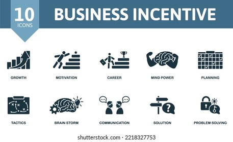 Business Incentive Icon Set. Monochrome Simple Business Incentive Icon Collection. Growth, Motivation, Career, Mind Power, Planning, Tactics, Brain Storm, Communication, Solution, Problem Solving Icon