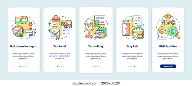 Business incentives in India onboarding mobile app screen. Tax relief walkthrough 5 steps graphic instructions pages with linear concepts. UI, UX, GUI template. Myriad Pro-Bold, Regular fonts used