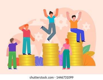 Business income or savings growth. People stand on big stacks of coins. Poster for social media, web page, banner, presentation.  Flat design vector illustration