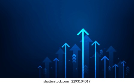 business increase arrow up digital technology on blue background. income profit and investment growth. stock market trading achievement. vector illustration fantastic low poly design.