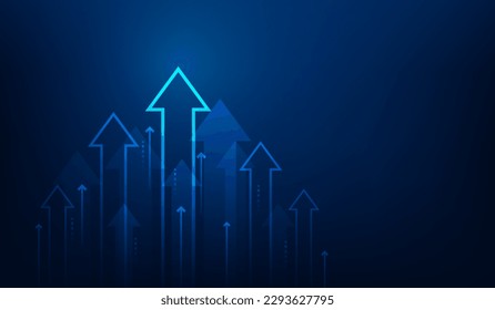 business increase arrow up digital technology on blue background. income profit and investment growth. stock market trading achievement. vector illustration fantastic low poly design.