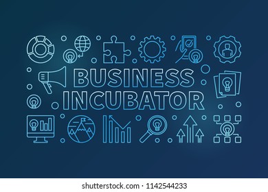 Banner o ilustración del concepto horizontal azul del incubador de negocios en estilo lineal en fondo oscuro
