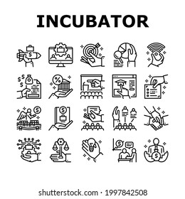 Business Incubator Collection Icons Set Vector. Incubator Education Resource And Training, Marketing Assistance And Strategic Partners Black Contour Illustrations