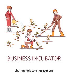 Business incubator concept. Skilled businessman and investors growing sprouts of a new businesses fertilizing with money and expertise. Modern flat style thin line vector illustration.