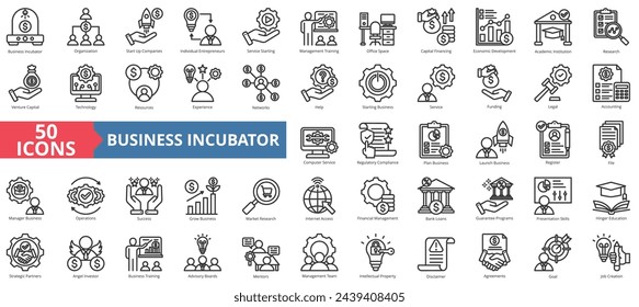 Business incubator icon collection set. Containing company, entrepreneur, service, management, training, economic, development icon. Simple line vector illustration.