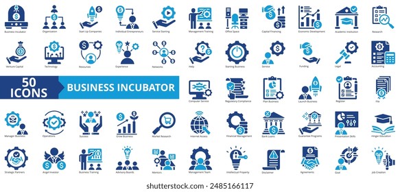 Icon-Kollektion des Business Inkubators. Enthaltendes Unternehmen, Unternehmer, Service, Management, Ausbildung, Wirtschaft, Entwicklung Icon. Einfache flache Vektorillustration.