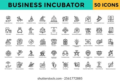 Business Incubator icons set with business workshop, skill development, entrepreneur training, leadership program, online learning platform, training session icon. Simple line vector 