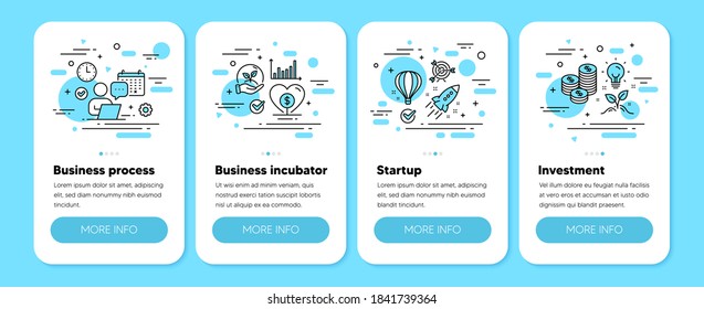 Business Incubator, Invest Money Strategy, Flexible Job Line Icons. Business Startup, Hire Employee, Work Schedule Timetable. Mobile Phone App 4 Step Screens. Editable Stroke. Vector Line Icons