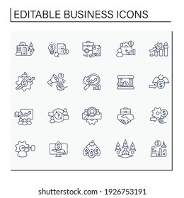 Business incubator line icons set. Consist of business plan icon, management of project, market research, angel investors etc.Isolated vector illustrations. Editable stroke