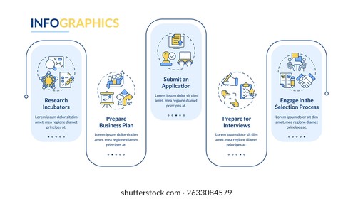 Business incubator rectangle infographic vector. Statistical metrics. Interview, selection. Data visualization with 5 steps. Editable rectangular options chart. Lato-Bold, Regular fonts used