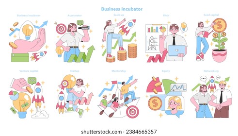 Business Incubator set. Characters navigate startup growth from idea to success. Venture capital, mentorship, equity, and networking moments. Scale-up, pitch, and seed capital. vector illustration