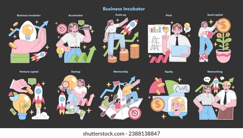 Juego de incubadoras de negocios. Los personajes recorren el crecimiento de las start-ups de idea a éxito. Capital de riesgo, tutoría, acciones y momentos de conexión. Escala, tono y capital semilla. ilustración vectorial