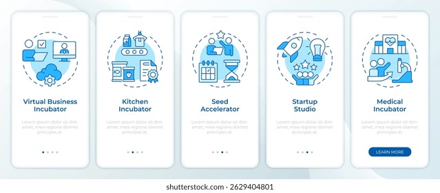 Business incubator types blue onboarding mobile app screen. Walkthrough 5 steps editable graphic instructions with linear concepts. UI, UX, GUI