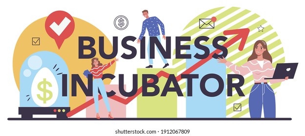 Business Inkubator typografische Header. Geschäftsleute und Investoren, die neue Unternehmen unterstützen. Geld und professionelle Unterstützung für das Start-up-Projekt. Einzelne flache Vektorgrafik