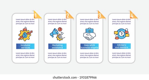 Business incubator vector infographics. Successfully startup template design elements. Presentation with 4 step. Business development layout, info chart, banner 