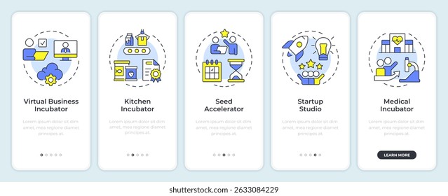 Business incubators onboarding mobile app screen. Remote support. Walkthrough 5 steps editable graphic instructions with linear concepts