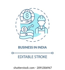 Business In India Turquoise Concept Icon. Skilled Workforce Abstract Idea Thin Line Illustration. Stable Economy. Isolated Outline Drawing. Editable Stroke. Roboto-Medium, Myriad Pro-Bold Fonts Used