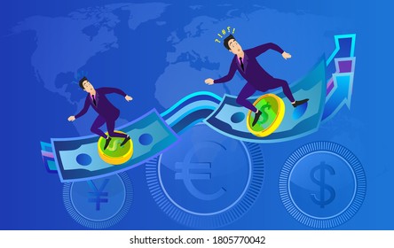 Business individuals on currency notes and coins riding directional arrow waves against world map and currencies backdrop. Business concept on challenges of global currency volatility.