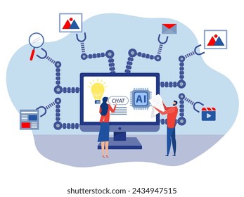 La IA o AI chatbot de la industria de negocios para crear un texto o una ingeniería de imagen de uso de inteligencia artificial y vídeo, vector de procesamiento de fotos