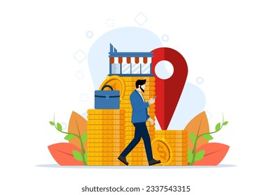 Business industry concept, franchising, bizopp, distribution. Businessman standing with mobile phone and buying franchise remotely. Buying a finished business. Flat vector illustration on background.