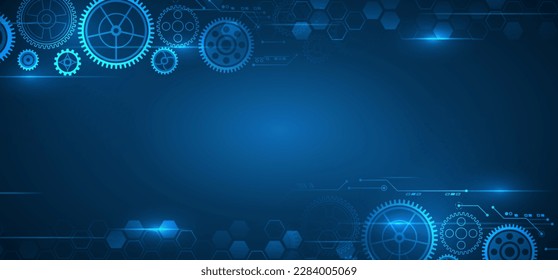 Business and industry internet banner. The mechanism consisting of gears on a blue background for the presentation. Cogwheel for science experiment presentation. Futuristic high tech concept.
