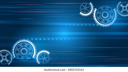 Business and industry internet banner. The mechanism consisting of gears on a blue background for the presentation. Cogwheel for science experiment presentation. Futuristic high tech concept. 