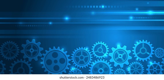 Business and industry internet banner. The mechanism consisting of gears on a blue background for the presentation. Cogwheel for science experiment presentation. Futuristic high tech concept.