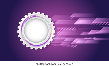 Business and industry internet banner. The mechanism consisting of gears on a purple background for the presentation. Cogwheel for science experiment presentation. Mechanical engineering concept. 