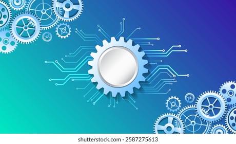 Business and industry internet banner. The mechanism consisting of gears on a blue background for the presentation. Cogwheel for science experiment presentation. Mechanical engineering concept. 