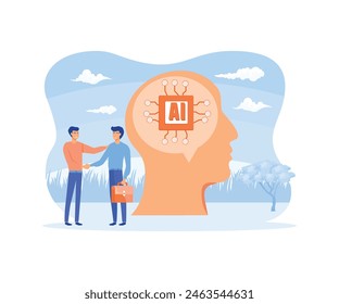 Business industry robot factory concept Robotic system control put AI processing chip into human brain with AI Artificial Intelligence robot and automation innovation. flat vector modern illustration 