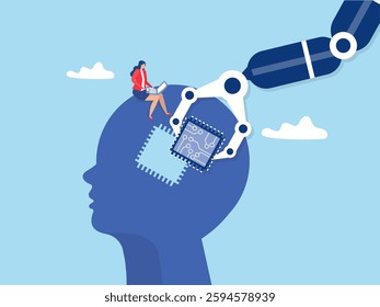 Business industry robot factory concept Robotic system control put AI processing chip into human brain with AI, Artificial Intelligence,robot and automation innovation concept vector