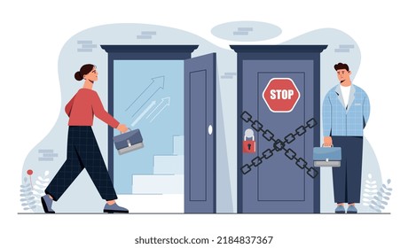 Business inequality concept. Closed door for man and open career ladder for woman. Inequality and injustice, discrimination. Gender gap, unequal opportunities. Cartoon flat vector illustration