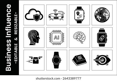 Business Influence Flat Vector Icons Depicting Smart Technology,Cloud Computing,And Artificial Intelligence Development