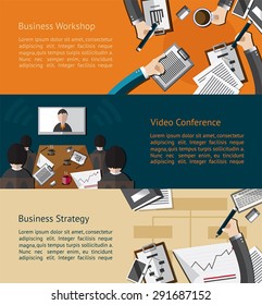 Business info graphic activities banner of businessman and businesspeople doing workshop, video conference meeting, and planing strategy background template layout design, create by vector