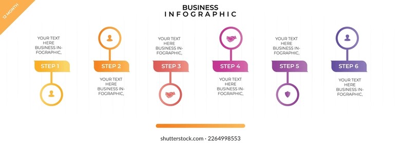 Business info graphic. Infographic business template. Timeline diagram with 6 steps and circle icon. Presentation in vector format.	