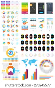 Business info graphic mega ui kit set. Buttons, wire frames, mobile screens, pie charts, analytic, diagrams, smart watches, world map illustration, business info graphic, text.