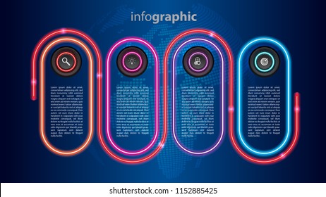 Business info graphic template 4 steps, can be used for workflow layout, diagram, number options, timeline Vector design element illustration /neon light modern futuristic concept