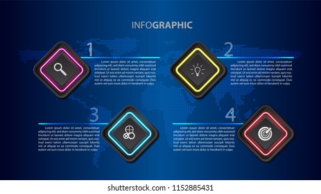 Business info graphic template 4 steps, can be used for workflow layout, diagram, number options, timeline Vector design element illustration /neon light modern futuristic concept