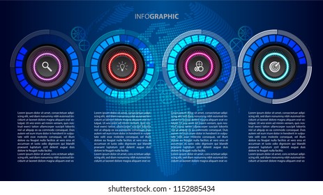 Business info graphic template 4 steps, can be used for workflow layout, diagram, number options, timeline Vector design element illustration /neon light modern futuristic concept