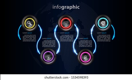 Business info graphic template 5 steps, can be used for workflow layout, diagram, number options, timeline Vector design element illustration /neon light modern futuristic concept