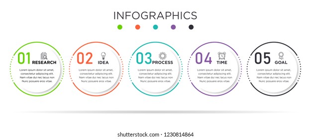 Business Info graphic template. Circle design with label 5 steps or 5 options.