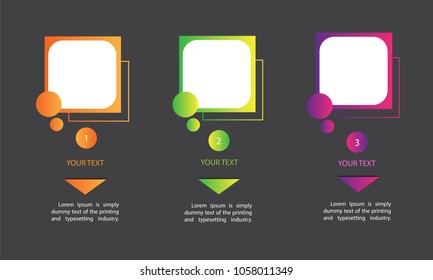 Business info graphics 3 step on black background gradient concept for presentation, education, web design, banners, brochure, flyer. Blank space for adding pictures, logos, text and other.