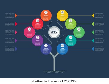 Business info graphics concept with 10 active options. tree. Template of diagram or brochure on dark background. Information chart or infographic of technology or education process with ten steps.