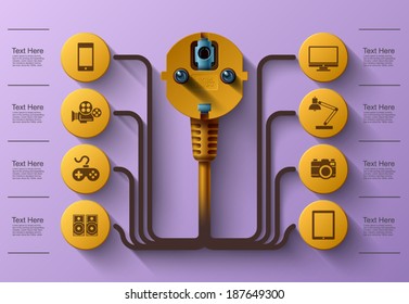 Business Info graphics, Electrical plug, Flat style, Square with information sectors under, Vector illustration