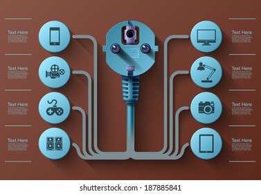 Business Info graphics, Electrical plug, Flat style, Square with information sectors under, Vector illustration