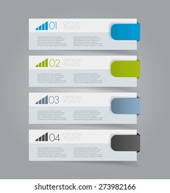 Business info graphics template for presentation, education, web design, banners, brochures, flyers. Blue, green, grey and black tabs. Vector illustration.