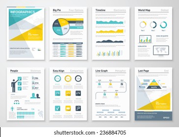 Business info graphics vector elements for corporate brochures. Collection of modern infographic metaphors in a flyer and brochure concept, use for marketing, website, print, presentation etc