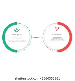 Business info template. 2 Steps timeline journey. Process diagram, 2 options on white background.